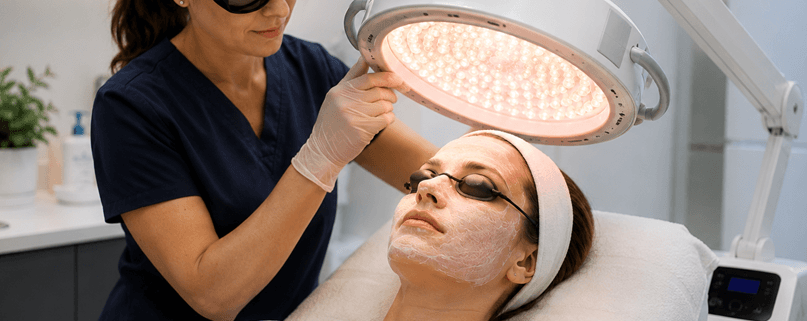 A dermatologist applying photosensitising cream to a patient's face during a photodynamic therapy session at a skin clinic.