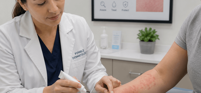 Dermatologist applying treatment to a patient with an urticarial rash in a dermatology clinic